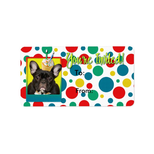 Inbjudan Cupkaka 2 år gammal - Fransk Bulldog Adressetikett (Framsidan)