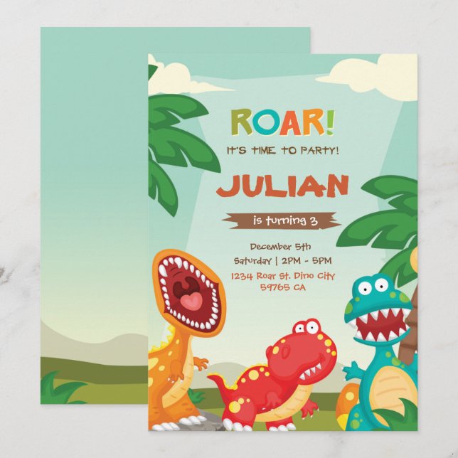Inbjudan Dinosaur Party på födelsedagen (Fram/baksida)