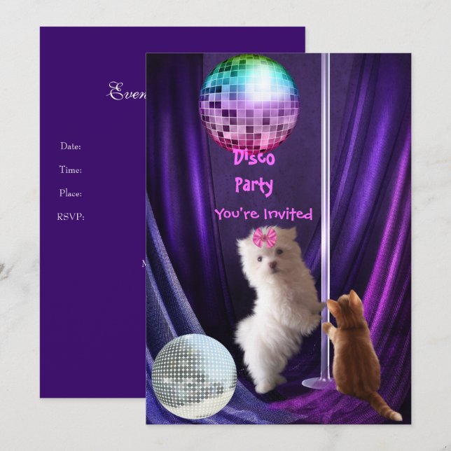 Inbjudan Disco Party Hund Katt Malteser Valp (Fram/baksida)