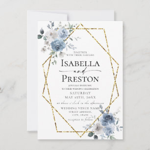 Inbjudan Dusty Blue Ivory White Guld Blommigt Bröl