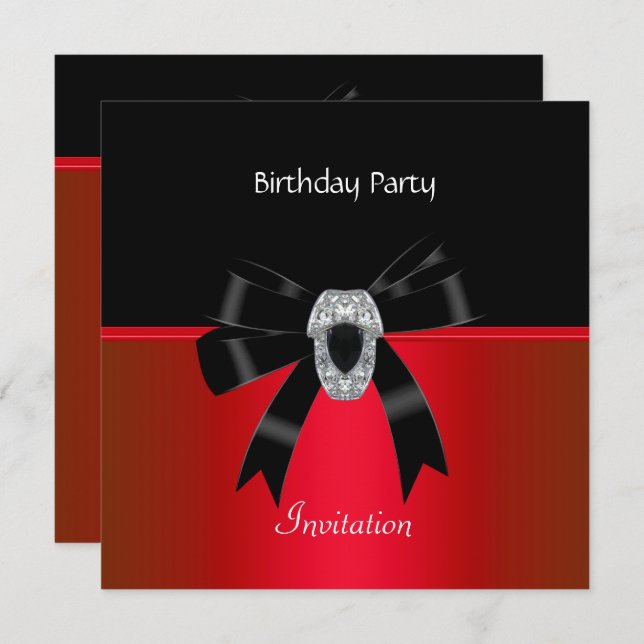 Inbjudan Elegant Birthday Rik Red Black Jewel (Fram/baksida)