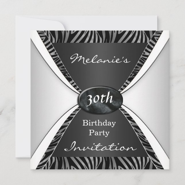 Inbjudan Elegant Födelsedag 30th Zebra svart Vit (Framsida)