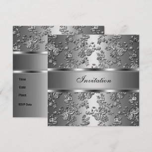 Inbjudan Elegant Klassisk Silver Präglad Blommig