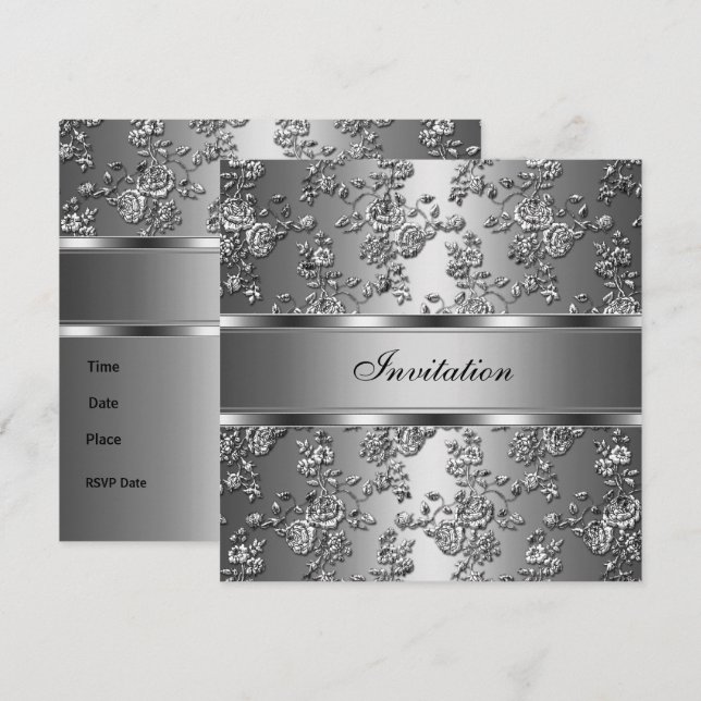 Inbjudan Elegant Klassisk Silver Präglad Blommig (Fram/baksida)