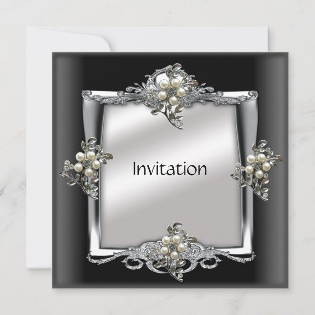 Inbjudan Elegant Silver Svart Pärla Smycke (Framsida)