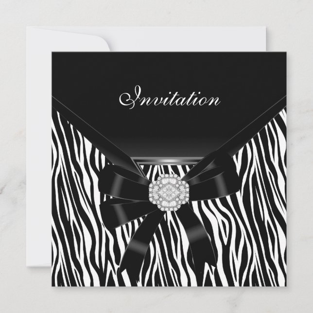 Inbjudan Elegant Silver Svart Vit Juvel Zebra (Framsida)