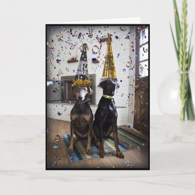 Inbjudan eller kort för Dobermanhundgott nytt år (Framsida)