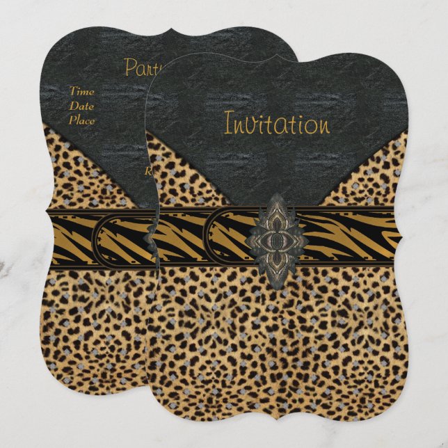 Inbjudan Exotic Guld Black Animal Leather Multi (Fram/baksida)
