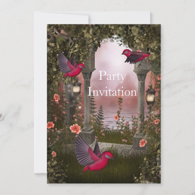 Inbjudan Fåglar Gratis Fest Inbjudan Röd Rosa myst (Framsida)