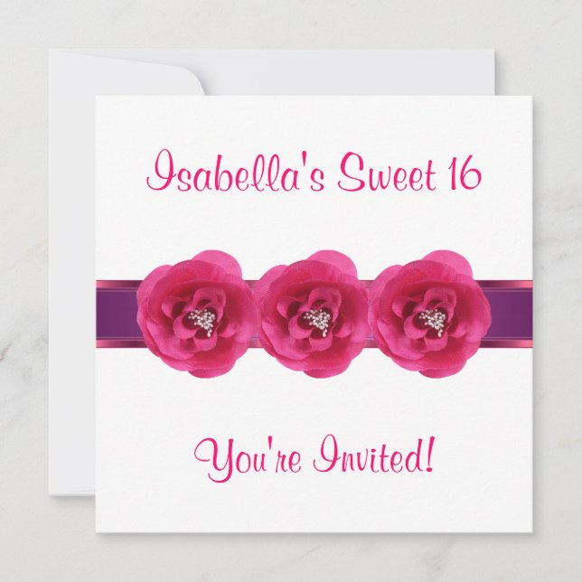 Inbjudan Fest Vit Rosa Blomma Sweet 16 (Framsida)