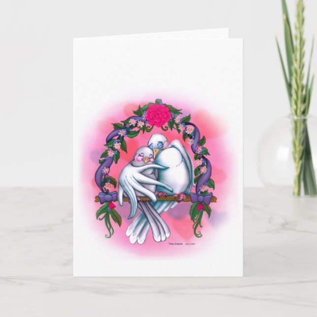 Inbjudan/firande för bröllop för kärlekduvavit kort (Framsida)