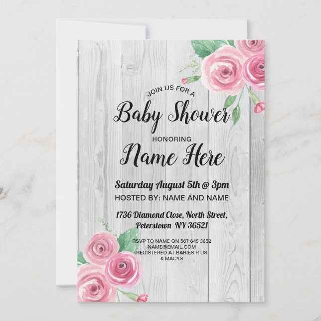 Inbjudan Flower Wood Blommigt Rosa ros för babysko (Framsida)