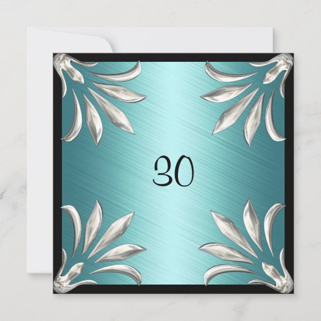 Inbjudan Födelsedag Svart Teal med Silver Blommig (Framsida)