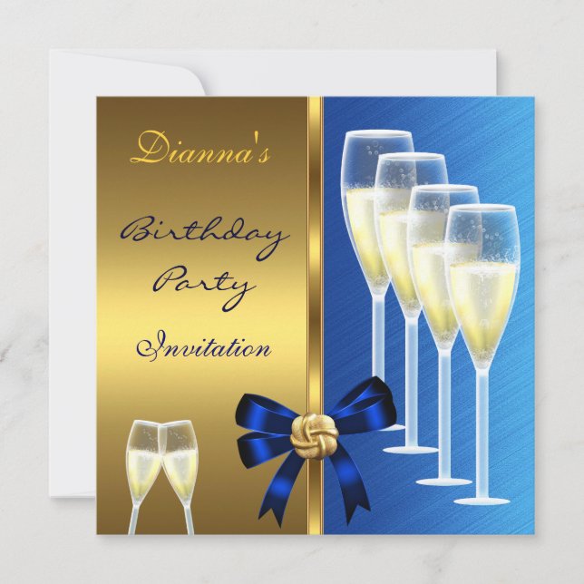 Inbjudan Födelsedagsfest Elegant Blå Svart Guld (Framsida)
