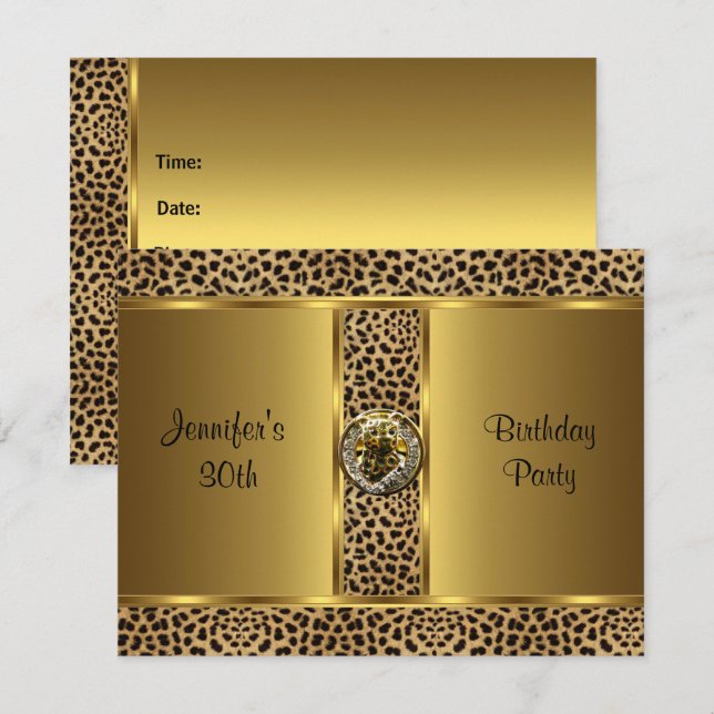 Inbjudan Födelsedagsfest Guld Exotisk Vild Leopard (Fram/baksida)