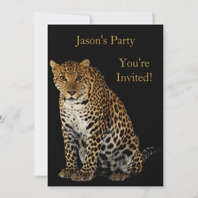 Inbjudan Födelsedagsfest Leopard på svart (Framsida)