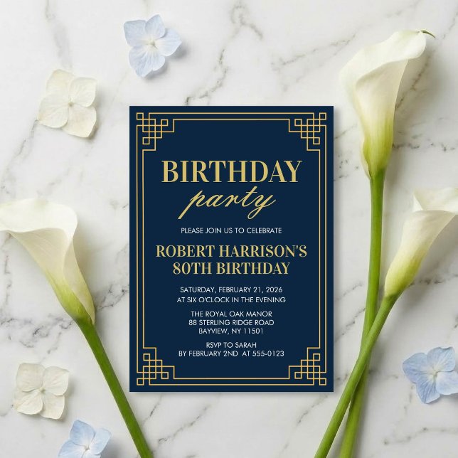 Inbjudan Födelsedagsfest Navy Guld Art Deco 80-års (Skapare uppladdad)