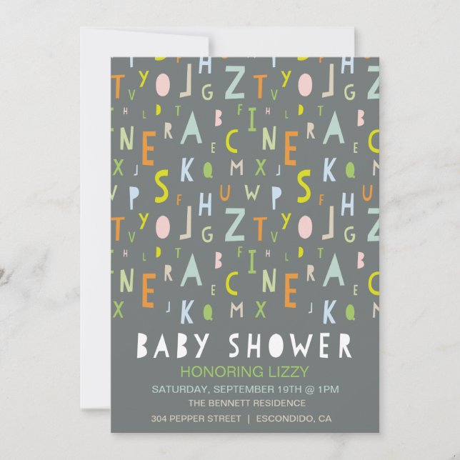 Inbjudan för ABC-alfabetbaby shower (Framsida)