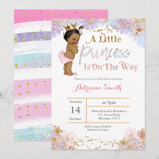 Inbjudan för afrikansk amerikanPrincess baby (Fram/baksida)