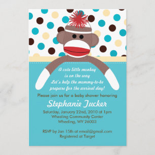 Inbjudan för baby shower för blåttpojkesock monkey