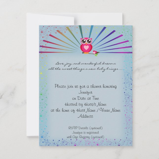 Inbjudan för baby shower för blåttregnbågeuggla (Framsida)