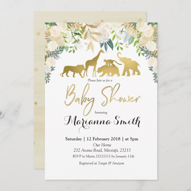Inbjudan för baby shower för blom- Safari för vit (Fram/baksida)
