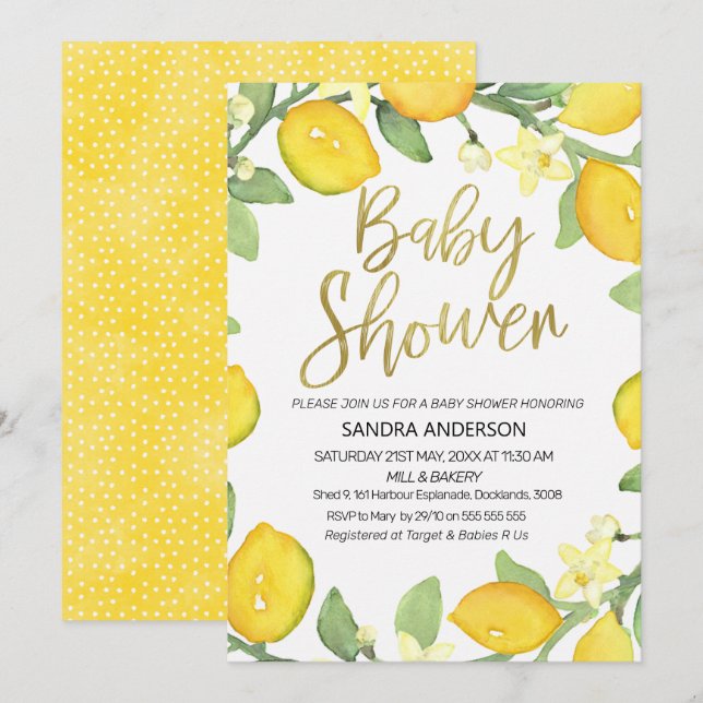 Inbjudan för baby shower för citronlövverkkran (Fram/baksida)