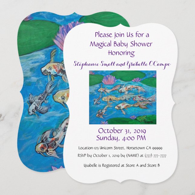 Inbjudan för baby shower för gullig vild för Koi (Fram/baksida)