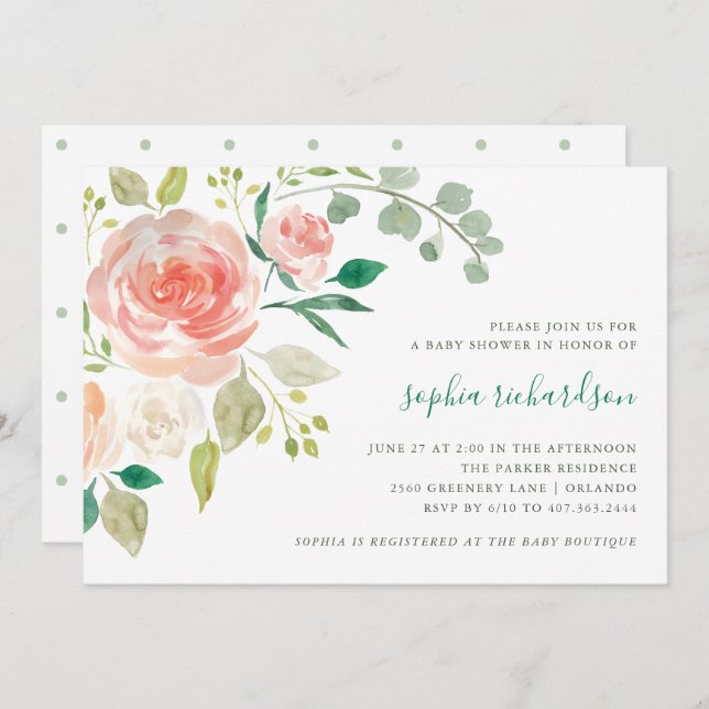 Inbjudan för baby shower för persikabukett | (Fram/baksida)