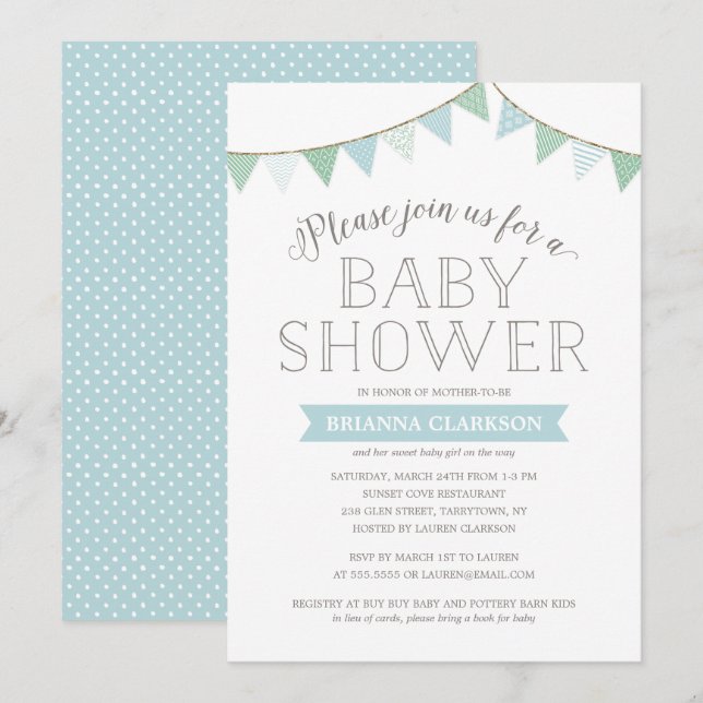 Inbjudan för baby shower för shabby chicbanerblått (Fram/baksida)