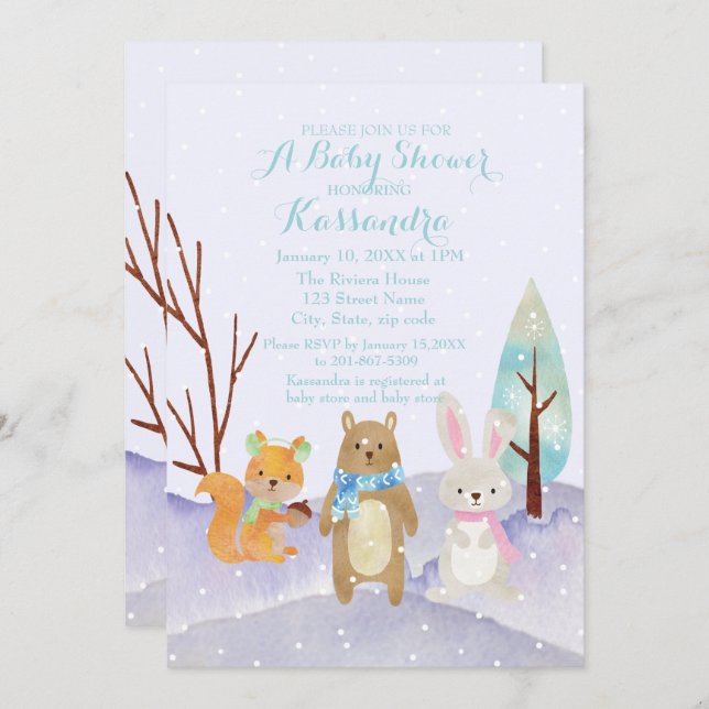 Inbjudan för baby shower för vinterskogsmarkdjur (Fram/baksida)
