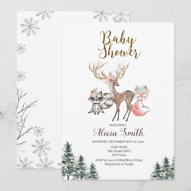 Inbjudan för baby shower för vinterskogsmarkflicka (Fram/baksida)