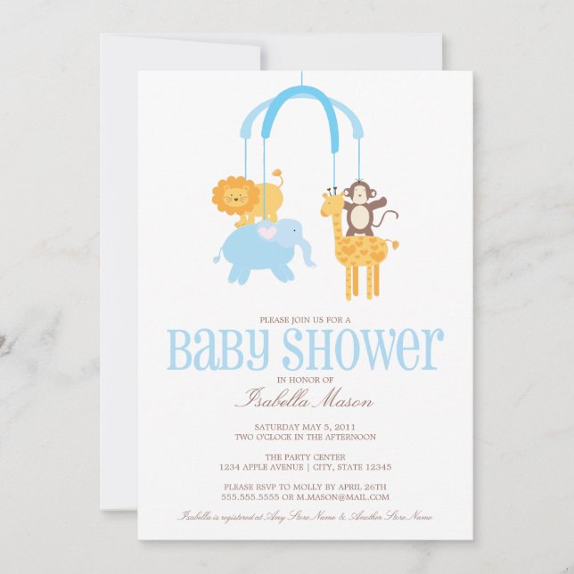 Inbjudan för baby shower för Zoodjur mobil (Framsida)