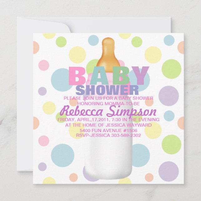 Inbjudan för babyflaska- & polka dotsbaby shower (Framsida)