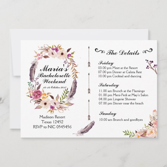 Inbjudan för Boho Bachelorette helgresplan (Framsida)