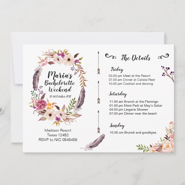 Inbjudan för Boho Bachelorette helgresplan (Framsida)