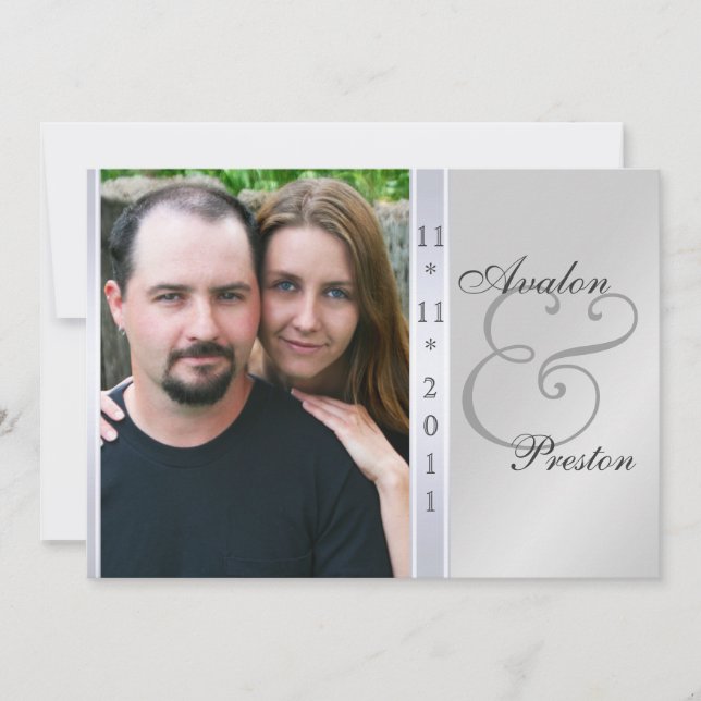 Inbjudan för bröllop för foto för silvermetallsida (Framsida)