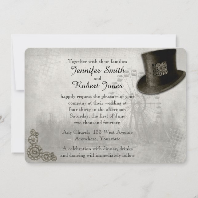 Inbjudan för bröllop för Steampunk karnevaltop hat (Framsida)