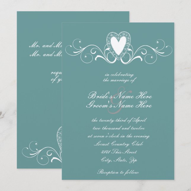 Inbjudan för bröllop för Victoriansnörehjärta (Fram/baksida)