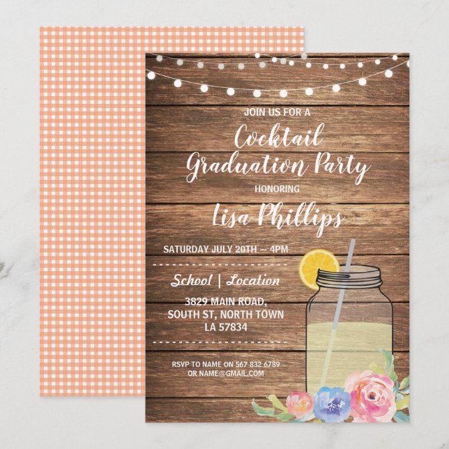Inbjudan för burk för coctailstudentfest lantlig (Fram/baksida)