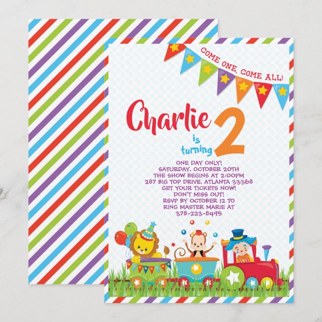 Inbjudan för cirkustågfödelsedag (Fram/baksida)