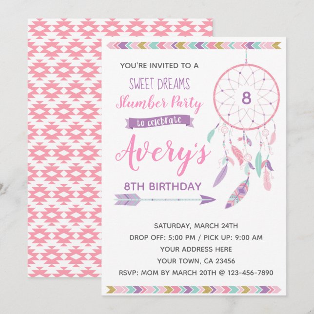 Inbjudan för Dreamcatcher slummerparty (Fram/baksida)