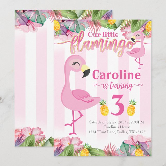 Inbjudan för Flamingofödelsedagsfest (Fram/baksida)
