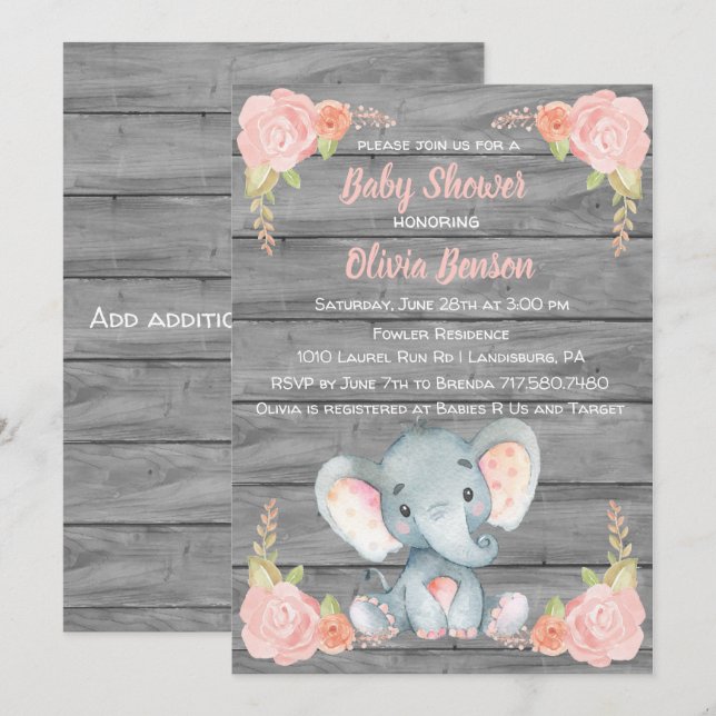 Inbjudan för flickaelefantbaby shower (Fram/baksida)