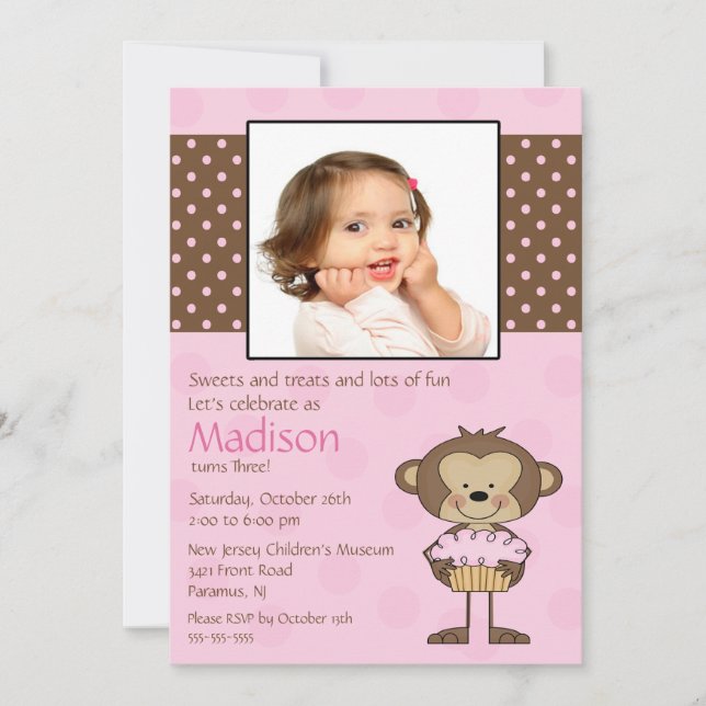 Inbjudan för födelsedag för apamuffinfoto (Framsida)