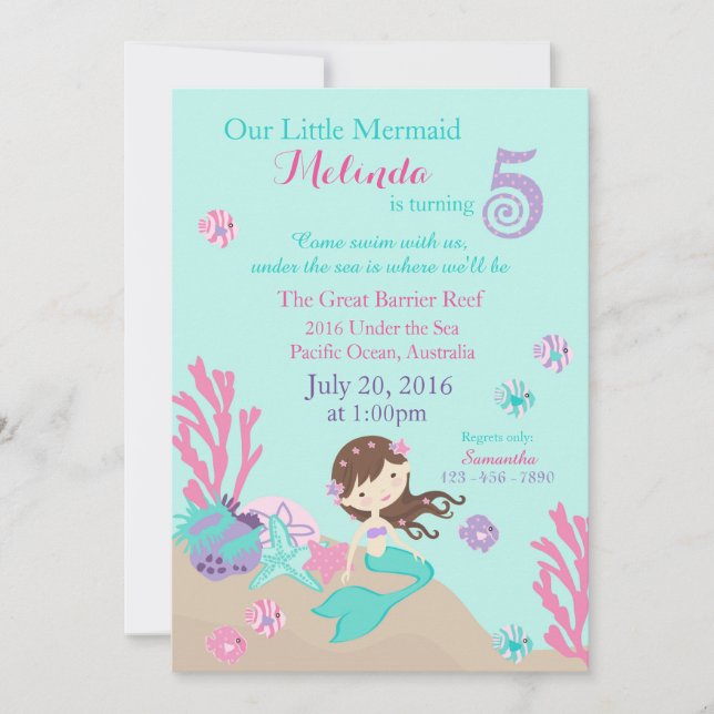 Inbjudan för födelsedag för brunettsjöjungfru (Framsida)