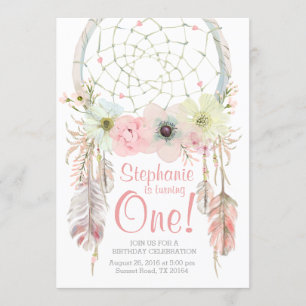 Inbjudan för födelsedag för Dreamcatcher boho rosa