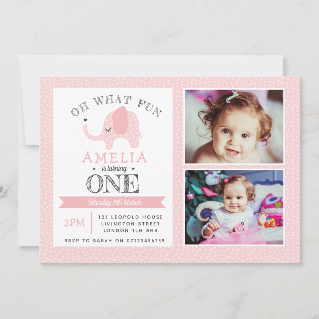 Inbjudan för födelsedag för elefantflickor 1st (Framsida)