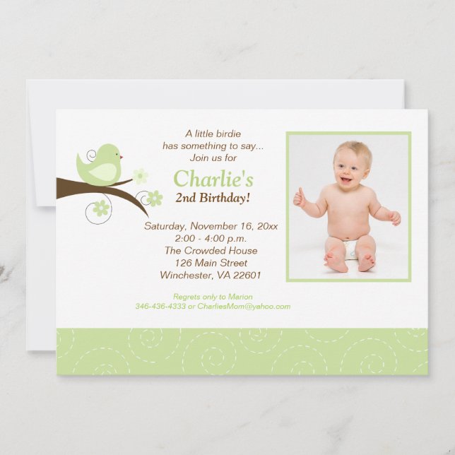 Inbjudan för födelsedag för foto för grönt för (Framsida)