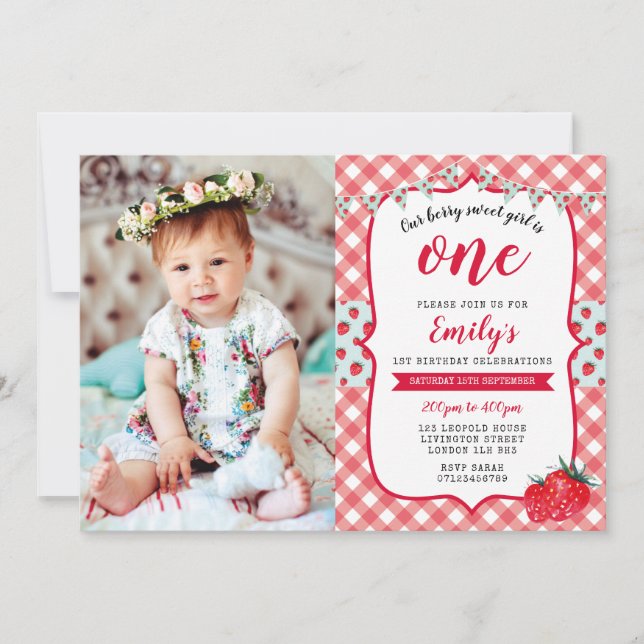 Inbjudan för födelsedag för jordgubbepicknickfoto (Framsida)